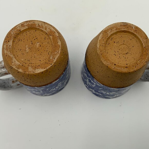 (2) Handcrafted Blue and White Floral Transferware White Speckled Coffee Mugs - Picture 5 of 13